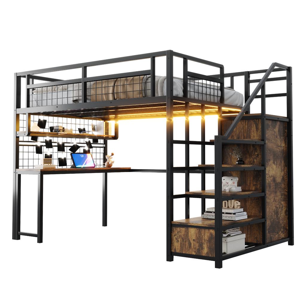 Metal Loft Bed 140 X 200 Cm with Storage Ladder and Simple Wardrobe, with Shelf, Table and Mesh Shelf, with Light Strip Socket, Black, SKU LDB00433AAB