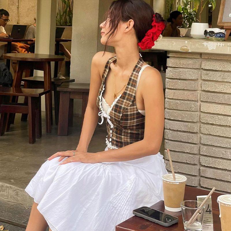 American Retro Style Bows Gingham Lace Halterneck Vest Female Autumn Sexy Elegant Silm Slim Looking Midriff-Baring Top