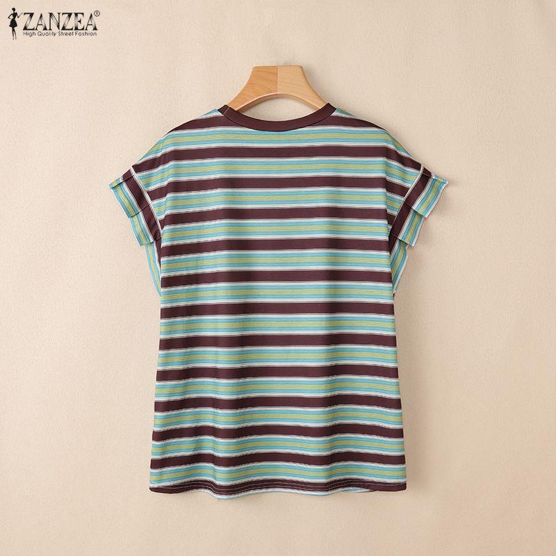 ZANZEA Women Casual Round Neck Loose Stripe Print Short Sleeve Blouse