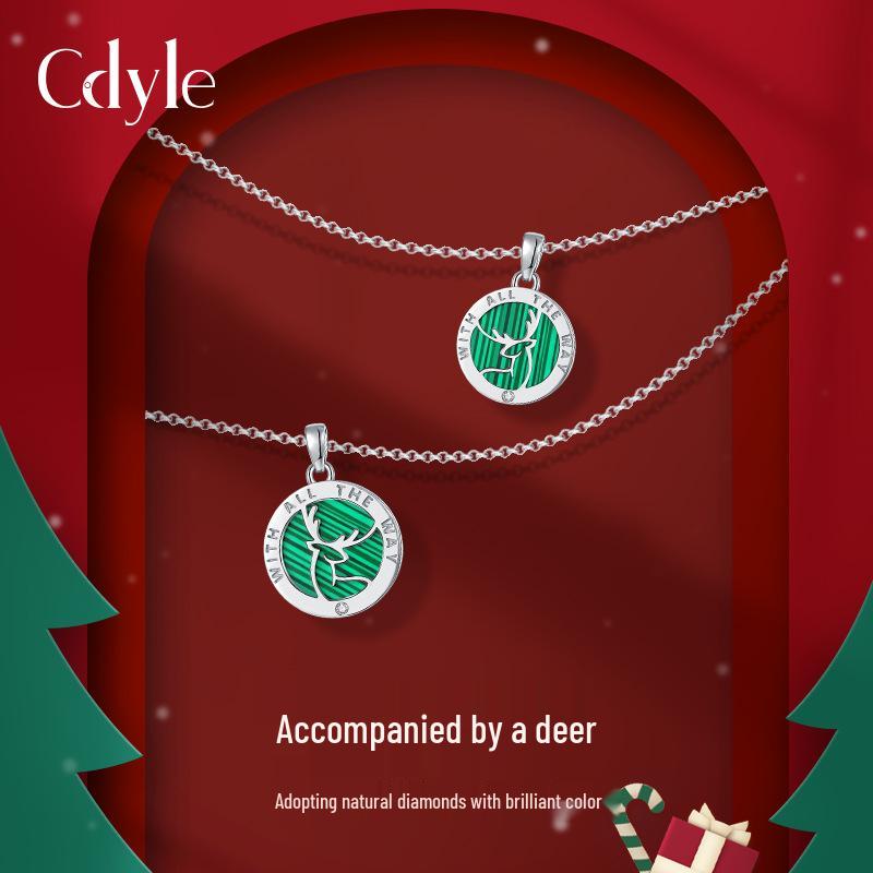 S925 Silver Couple Necklace: Deer & Diamond Pendant with Peacock Stone