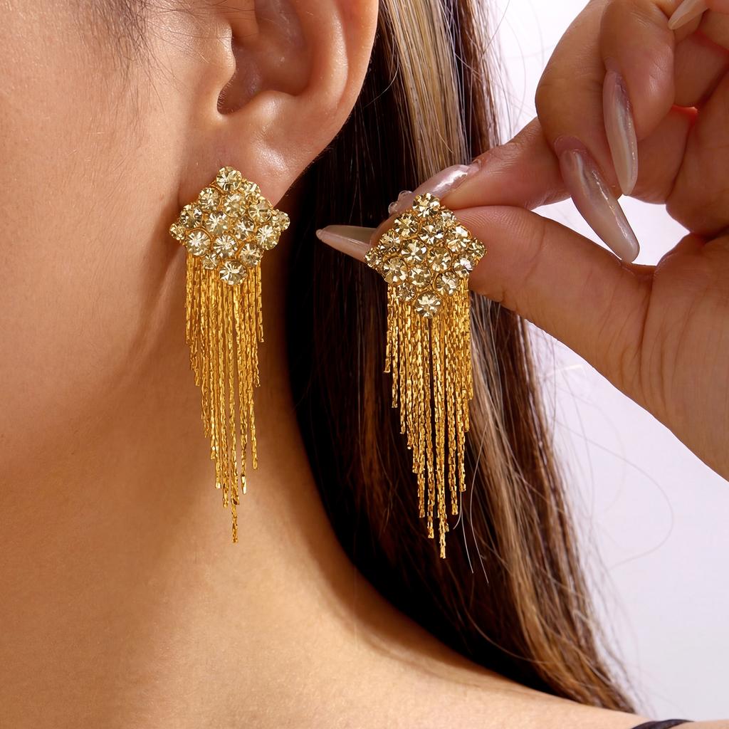Luxury Shiny Rhinestone Long Tassel Dangle Earring for Women Gold Color Square Crystal Fringe Drop Earring Wedding Party Jewelry