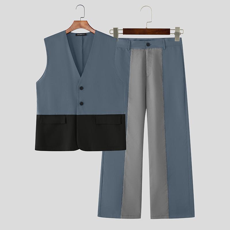 

INCERUN Мужской безрукавный жилет в стиле пэчворк и комплект длинных прямых брюк из двух предметов S синий