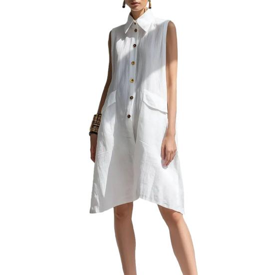 Damen Sommer Hemdblusenkleid Knopfleiste Ärmellos Revers Midi Tankkleid Lässige Tunika Strand Sommerkleid mit Taschen