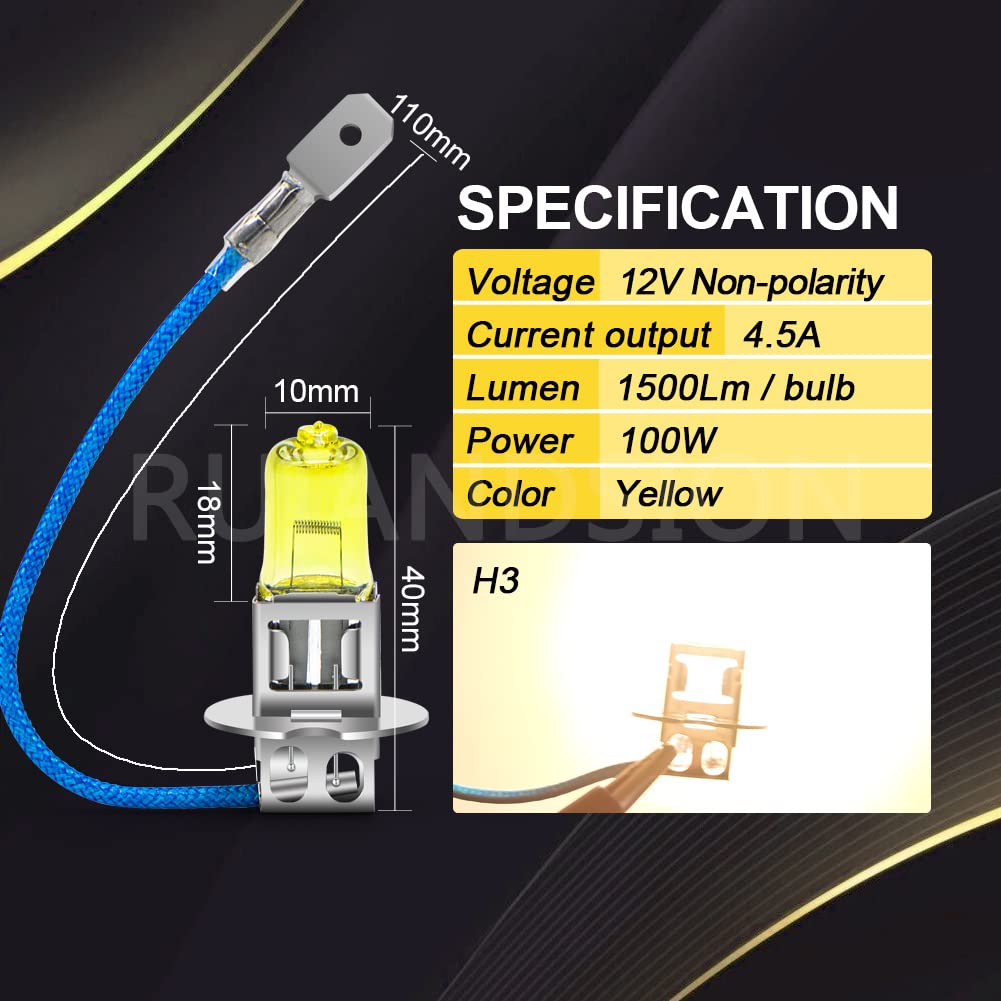 Ruiandsion 2 Stück H3 Halogen Scheinwerferlampe Nebelscheinwerfer 100W Gelb 64151 12336 Lampe