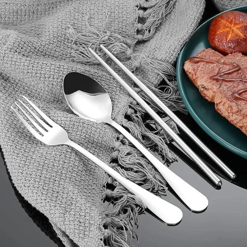 1set Household Stainless Steel Portable Tableware Chopsticks Spoons Forks Two/Three Piece Set with Box Plate sets luxury Fork