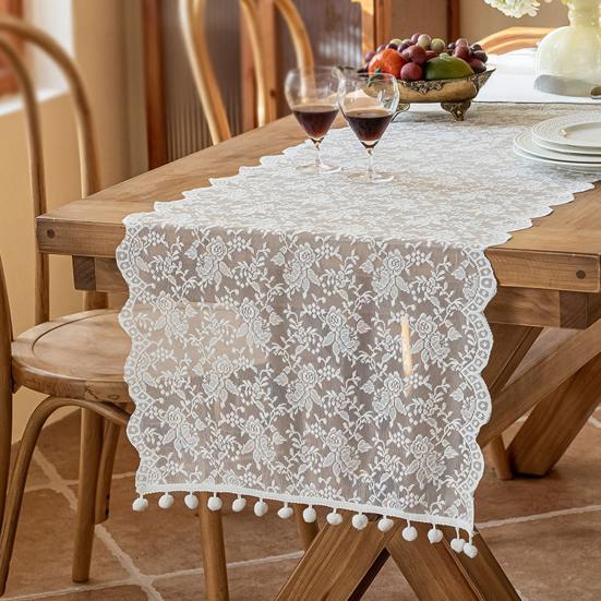 French Lace Table Runner Hollow Tassel Fringe Placemat Elegant Decorative Tablecloth Romantic Wedding Party Dining Table Dresser Buffet Decor
