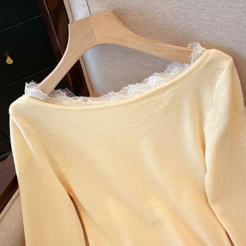Real shot pure lace edge wool knitted sweater women's spring new inner bottoming shirt women's sweet top