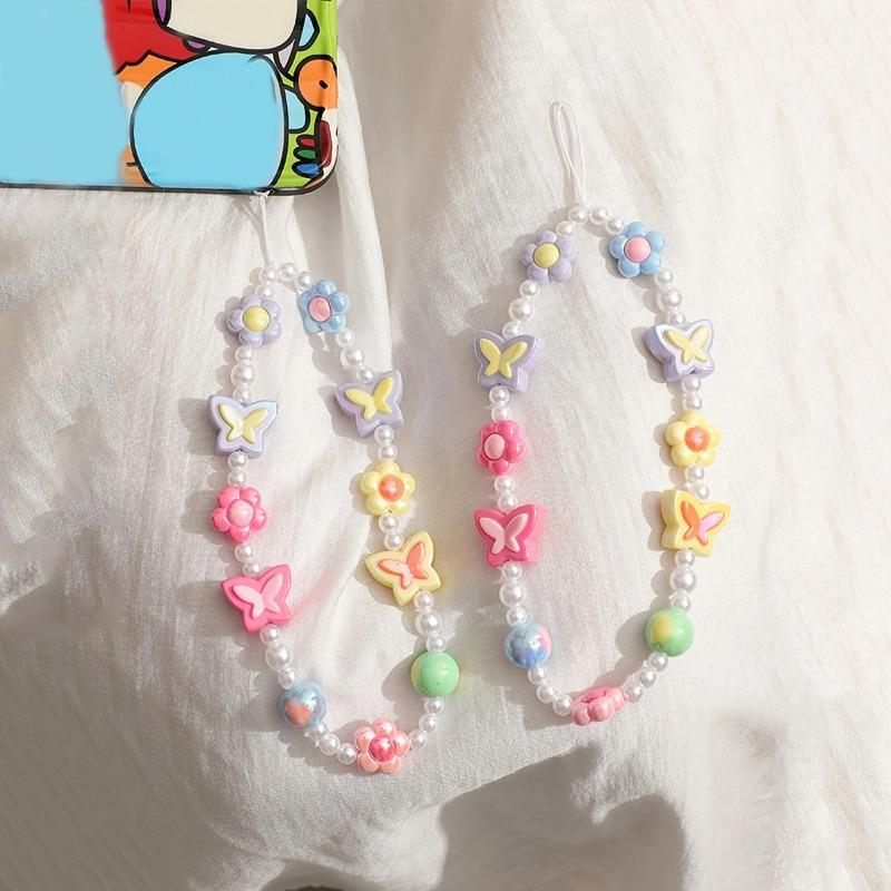 Y2K Cute Sweetheart Butterfly Flower Beaded Mobile Phone Lanyard Girls Camera Keychain Anti-loss Bracelet Rope Backpack Pendant
