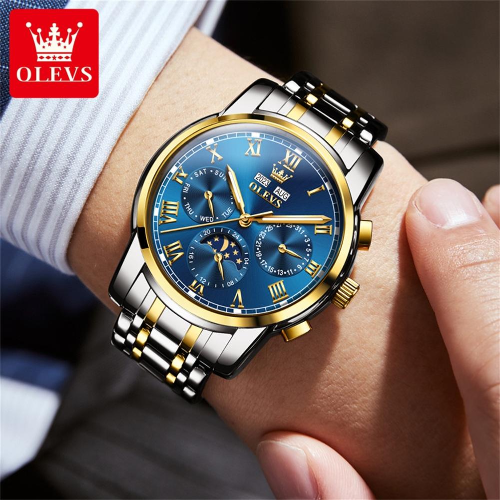 OLEVS Men's Watches Business Fashion Original Automatic Mechanical Wristwatch for Man Waterproof Moon Phase Calendar Trend Dress