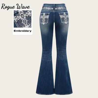 RogueWave Τζιν Παντελόνια Καμπάνα Γυναικεία Vintage Boot Cut Κεντήματα Τσέπες Στρας Πλυμένα Γυναικεία Φθαρμένα Τζιν Παντελόνια Streetwear