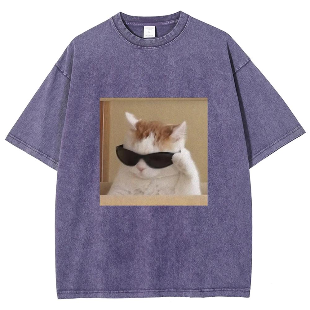 Cool Cat Meme T Shirts Unisex Washed Tees Men Women Fashion Casual Short Sleeve T-shirts Cotton Oversized