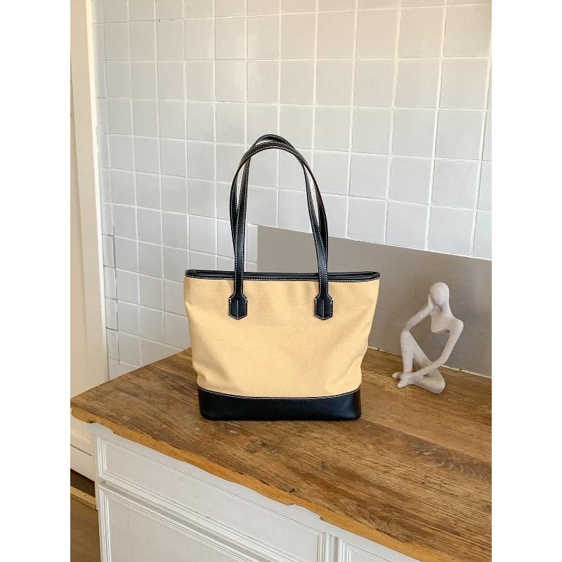 

New retro style tote bag commuter canvas bag stitching leather large-capacity shoulder bag хаки