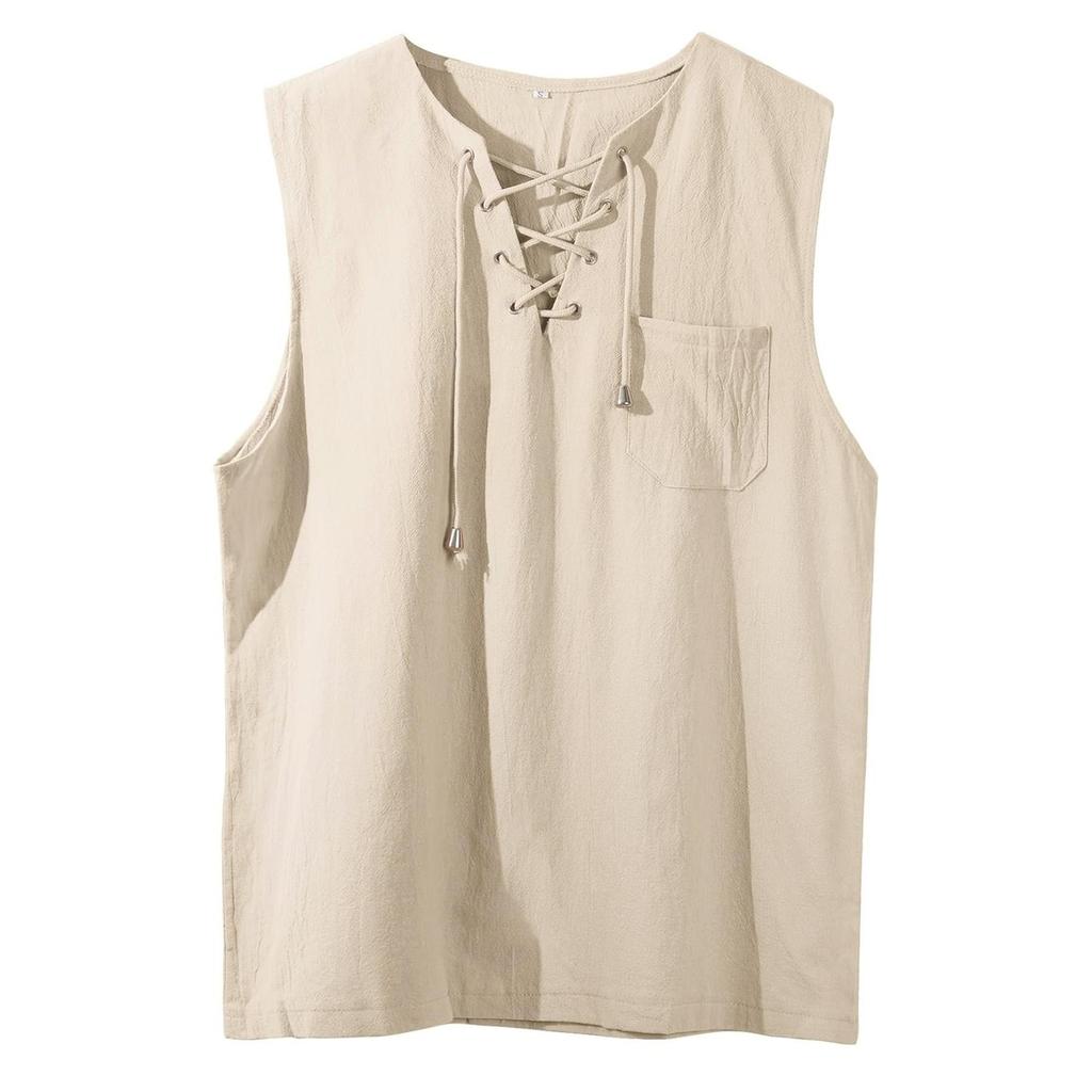 Gilet Casual da Uomo Senza Maniche in Cotone e Lino con Scollo a V Allacciato e Tasca Frontale