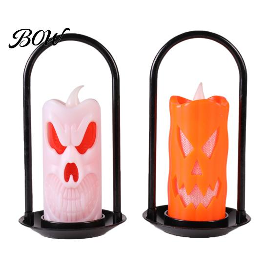 Halloween Candle Lantern LED Flameless Pillar Candles, Spooky Face Handheld Light, Battery Decor Operated Flickering Fake Candles for Party Home Table