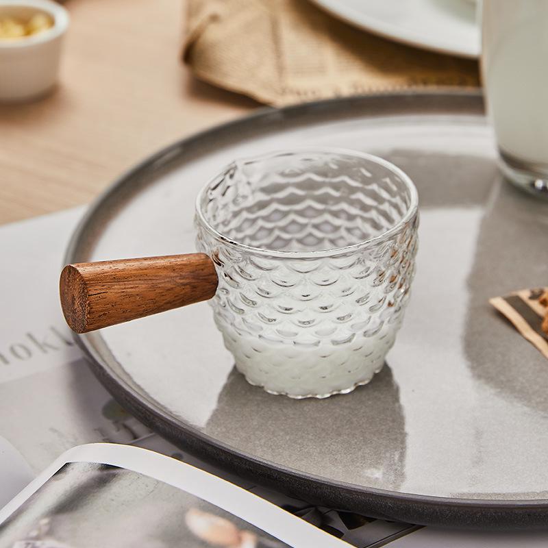 Glass Espresso Bean Measuring Cup with Double Spout, Wooden Handle, and Small Milk Jug