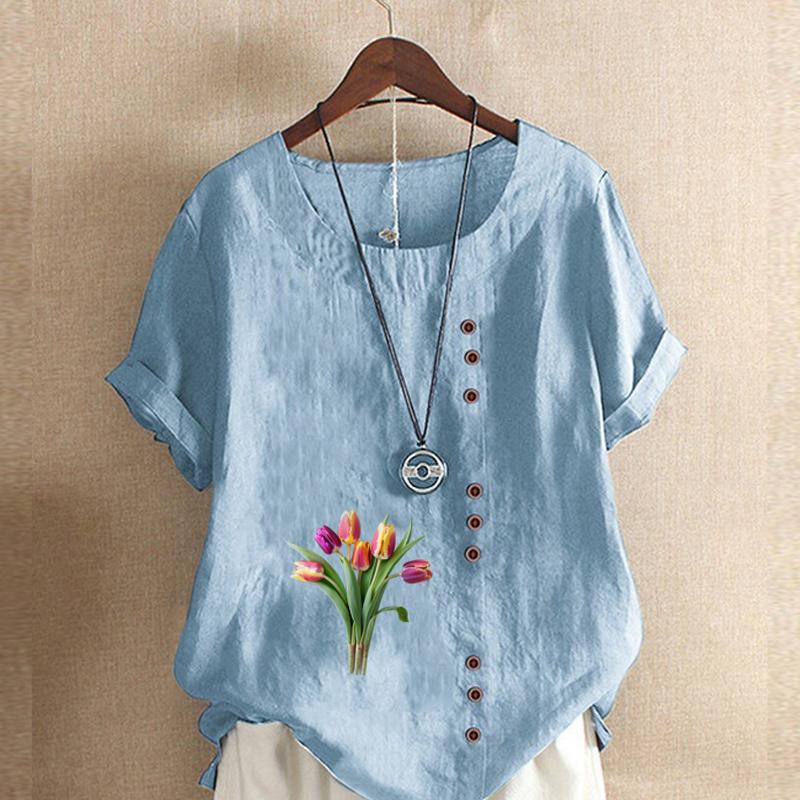 Women's Fashion Tulips Prined Short Sleeve T-shirt Loose Cotton Shirt Casual Loose Summer Blouse Tops Plus Size