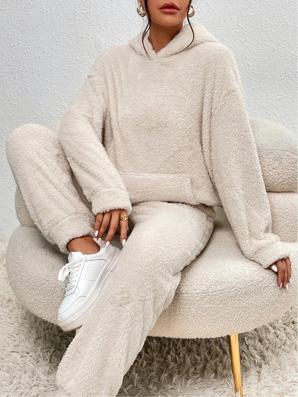 

Women s Solid Color Plush Hooded Long Sleeve Long Pants Set - 2026 Autumn/Winter Casual Collection 4XL