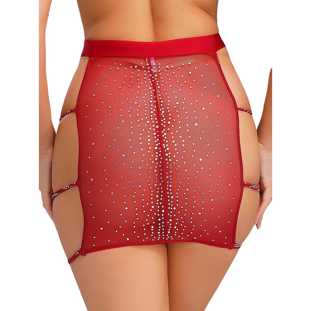 Womens Sparkly Rhinestone Mesh Miniskirt Elastic Waist Side Cutouts Bodycon Design See Through Club Skirt