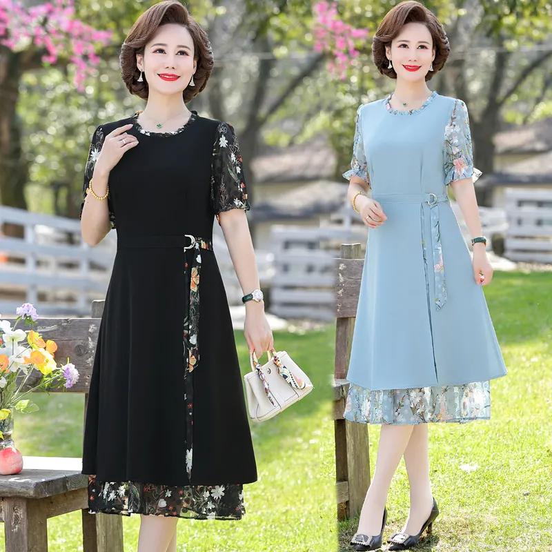 Women's Summer Dress Plus Size Temperament Short Sleeved Chiffon Dress, Middle-aged and Elderly Elegant Belly Covering Skirt