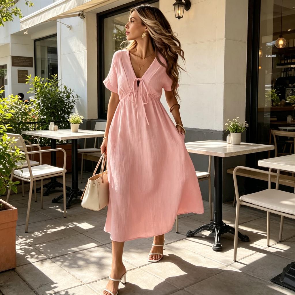 2026 New Summer Women's Clothing V-neck Pure Cotton Loose and Comfortable Long Solid Color Dress