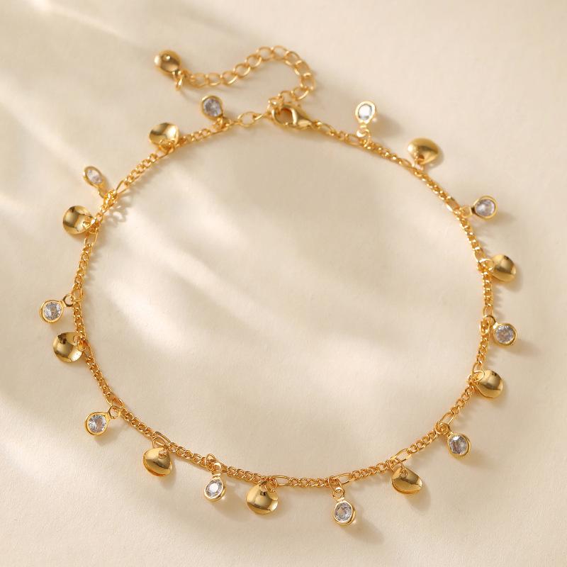Gold Plated Dangle Round Disc & Clear CZ Charm Anklet With Extension Chain золотой