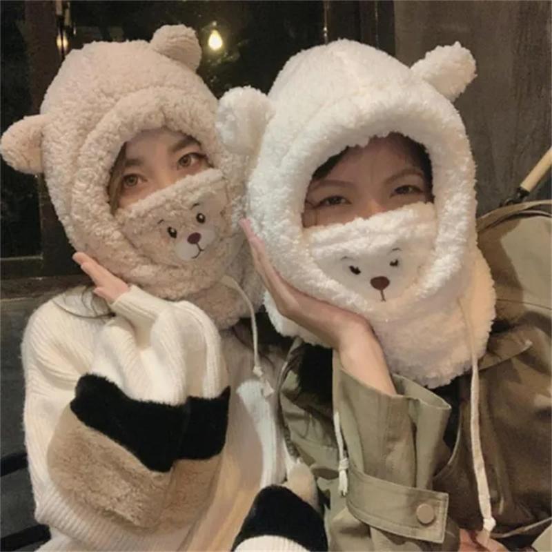 Cute Cartoon Bear Ear Hat Winter Warm Fleece Plush Scarf Hats with Mask Thick Lamb Cap Skullies Beanies Hats for Women Girls