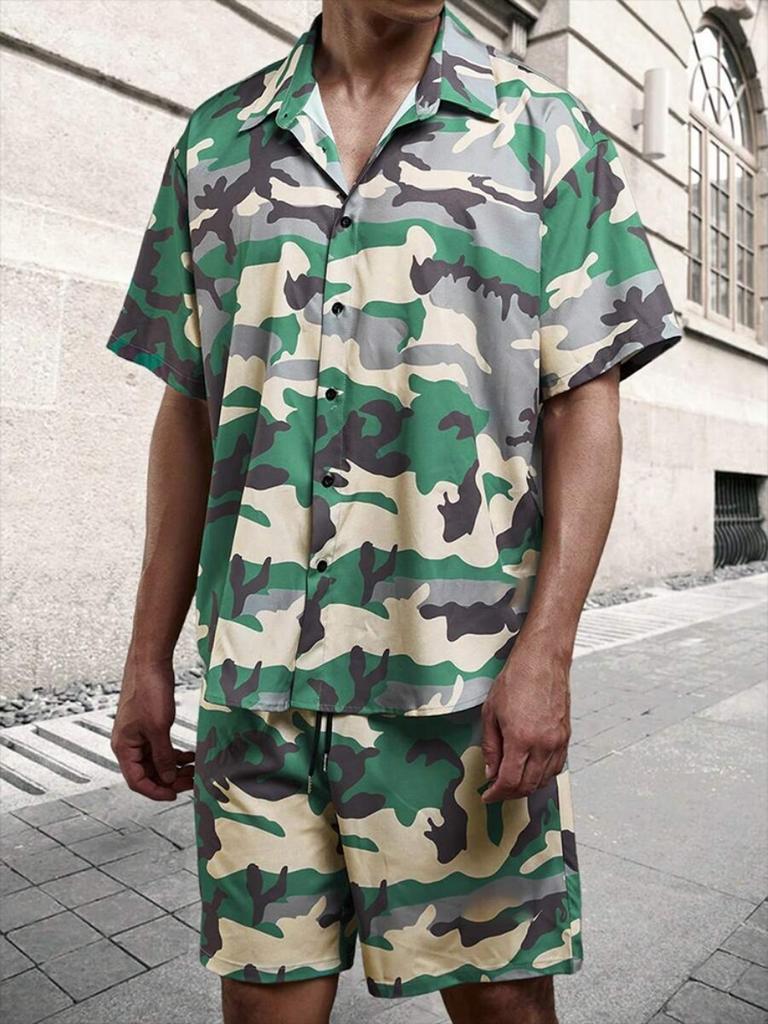 Men's Shirt Set Summer Striped Printed Short Sleeve Shirt Drawstring Shorts Casual Hawaiian Style Men's 2 Piece Home Large Size