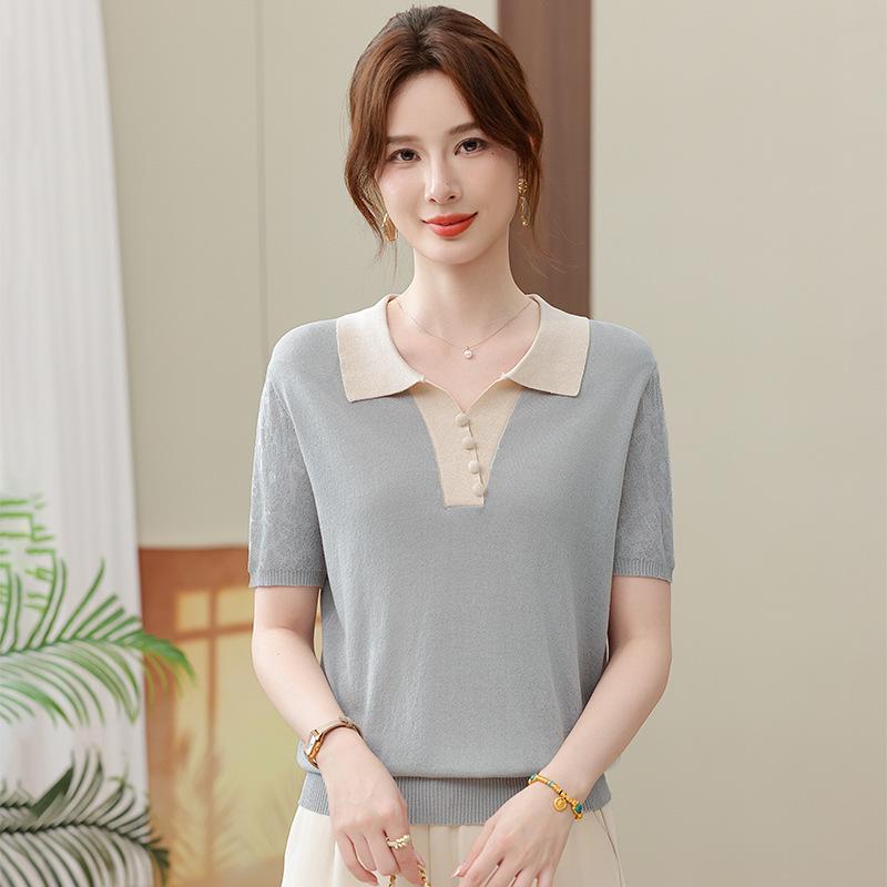 Ice Silk Short-Sleeve Knit T-Shirt with Lapel for Moms - Stylish Summer Fashion for Middle-Aged and Elderly Women