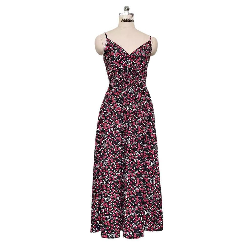 2023 Summer Bestseller: Women's V-neck Spaghetti Strap Print Dress - European & American Style, Waist-Cinching Design