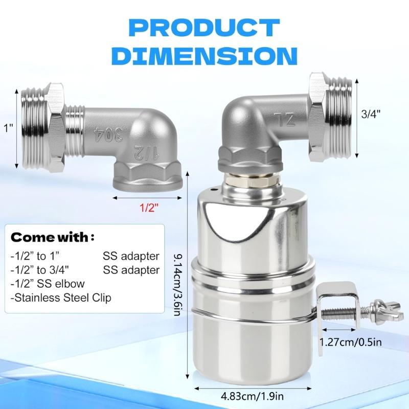 Adjustable Float Ball Valves System with 3 Adapters Suitable for 1/2" 3/4" 1" Pipes for Water Tanks Irrigation Use