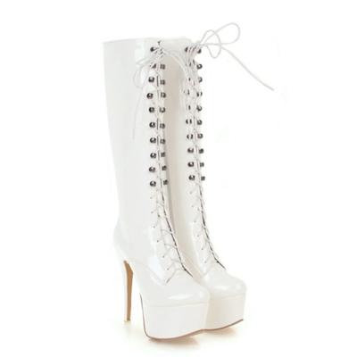 Fashion White Knee High Boots Women Platform Sexy High Heels Winter Shoes Lace-up Black Red Women's Long Boot Fetish Shoes Large Size 48