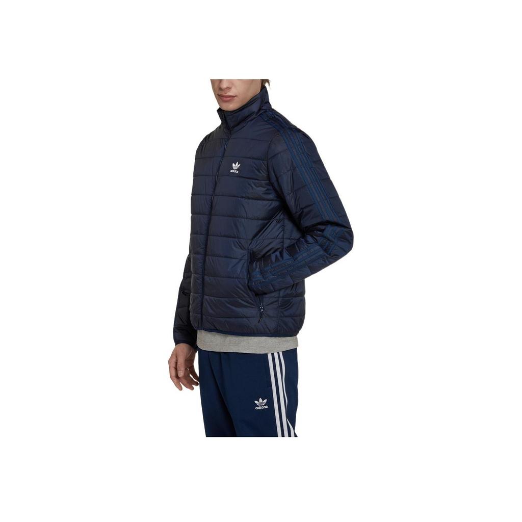 Adidas Originals Solid Color Logo Print Zipper Stand Collar Warm Outdoor Quilted Lightweight Cotton Jacket Men Jacket Deep-Indigo HL9215
