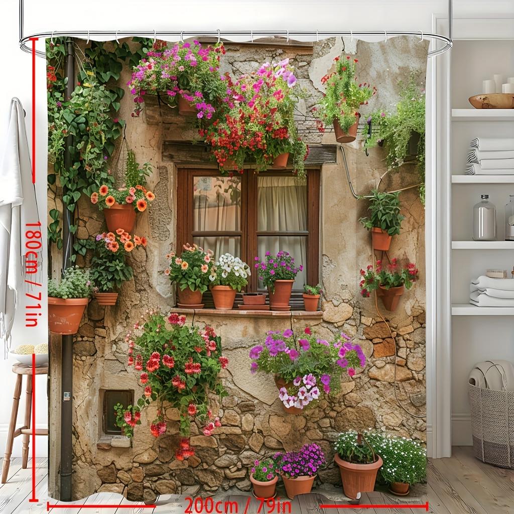Shower Curtain: Rustic Stone Wall with Vibrant Hanging Flowers for a Charming and Colorful Bathroom Decor
