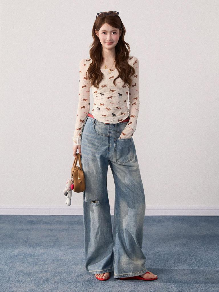 Puppy Print Slim Fit Backless U-Neck Long Sleeve Top - Women's Korean Style Waist-Defining Short T-Shirt for Spring, Autumn, Winter