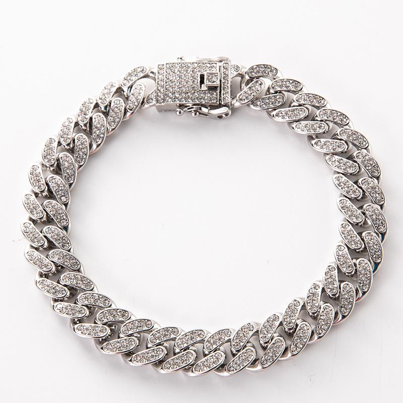 

Fashion Full Rhinestone Bracelet Men Women 25cm Cuban Link Chain Stainless Steel Durable Clasp Jewelry One Size серебряный