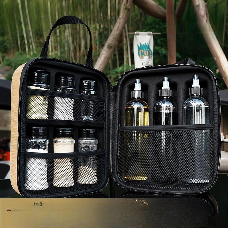 Tragbares Gewürzflaschen-Set für den Außenbereich für Camping und Picknicks Gewürzaufbewahrungsgläser BBQ-Ölflaschen und Gewürz-Organizer-Tasche