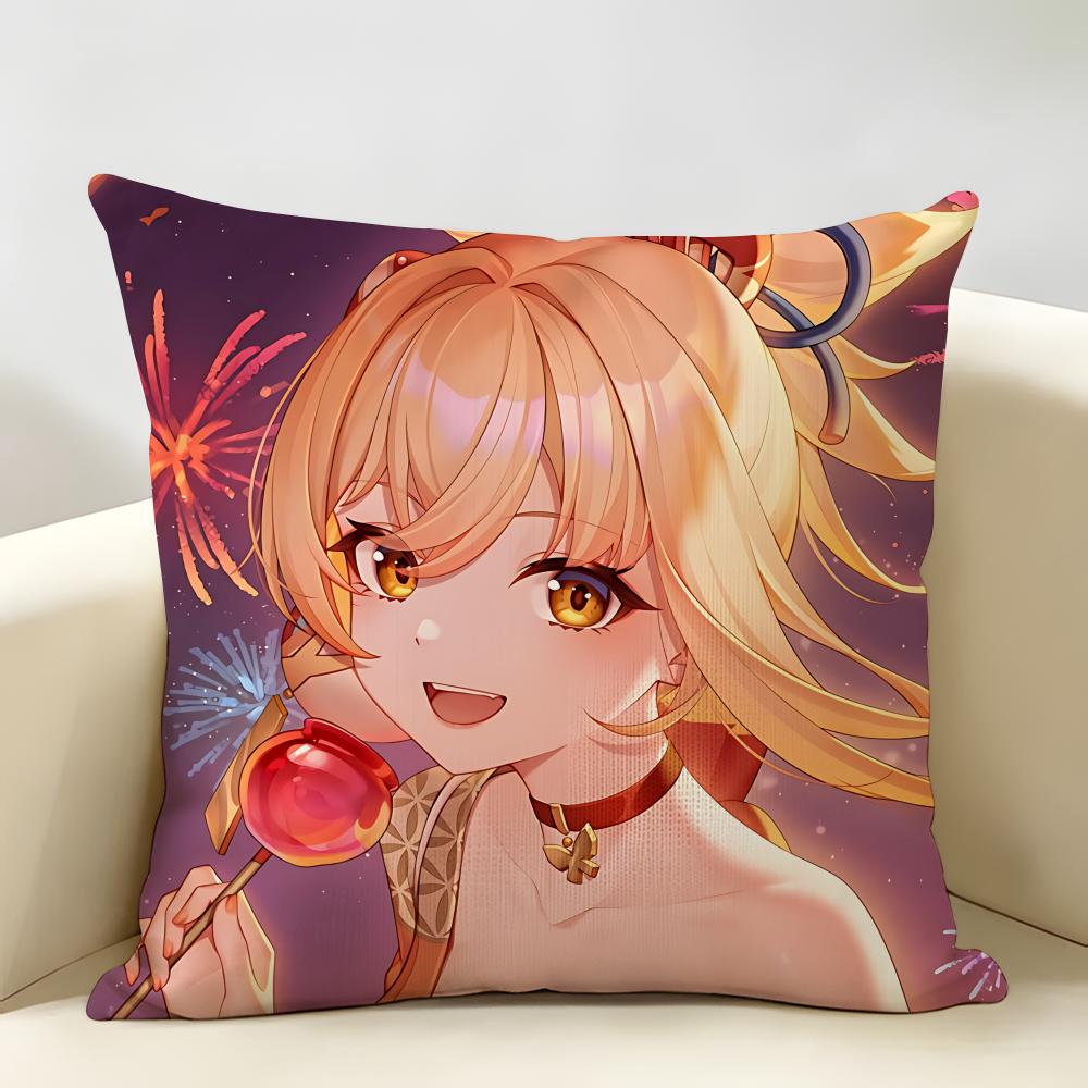 Yoimiya Genshin Impact Cushion Cover Natural Linen Organic Fabric DoubleSided Printing Room Sofa Decor Pillow Case