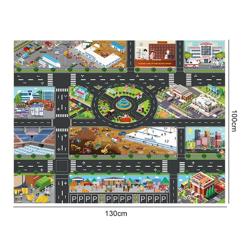 130x100cm Children Games Mat Cartoon City Traffic Map Non-Slip Playmat For KidsToddler Montessori Early Education Toys TMZ