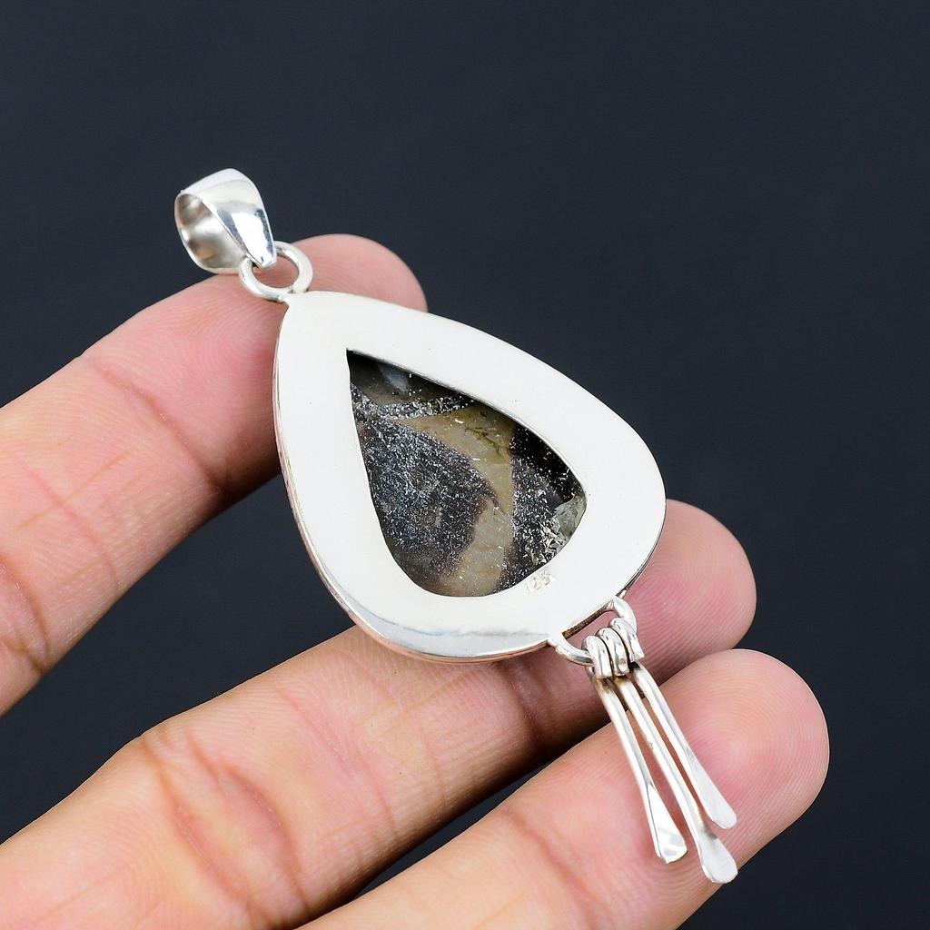Friendship Day Deal 925 Sterling Silver Pear Natural Septarian Pendant Jewelry
