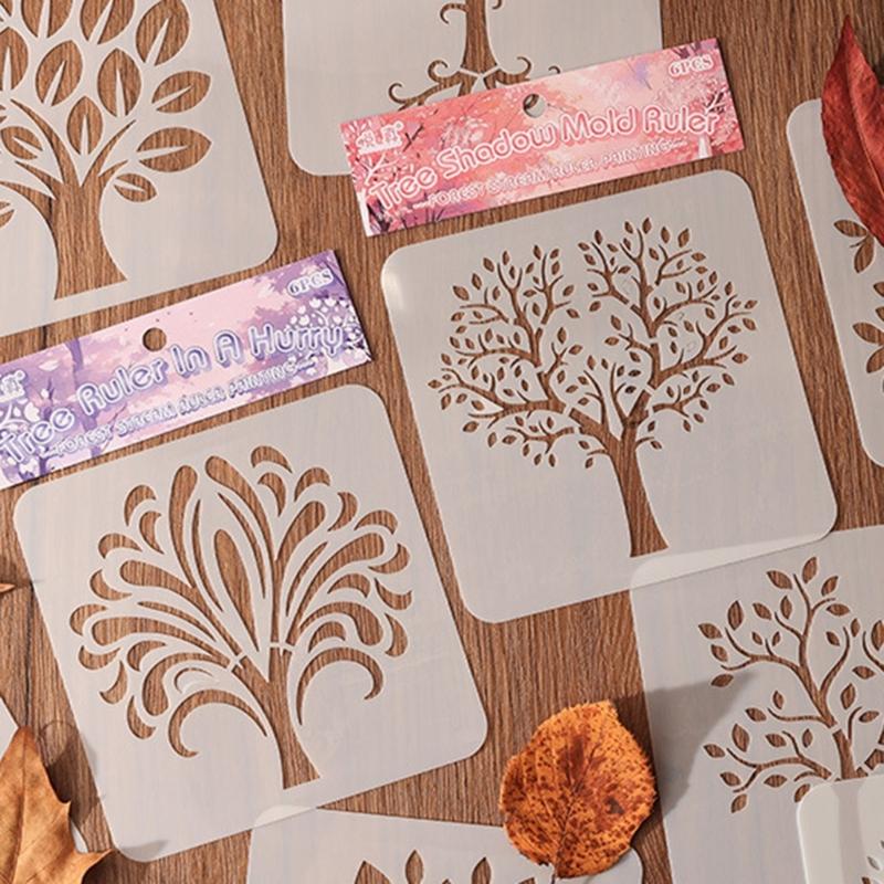 6 Pcs Tree Stencils Cartoon Leaf Stencils Hollow Out Drawing Templates for DIY Projects Reusable Painting Template