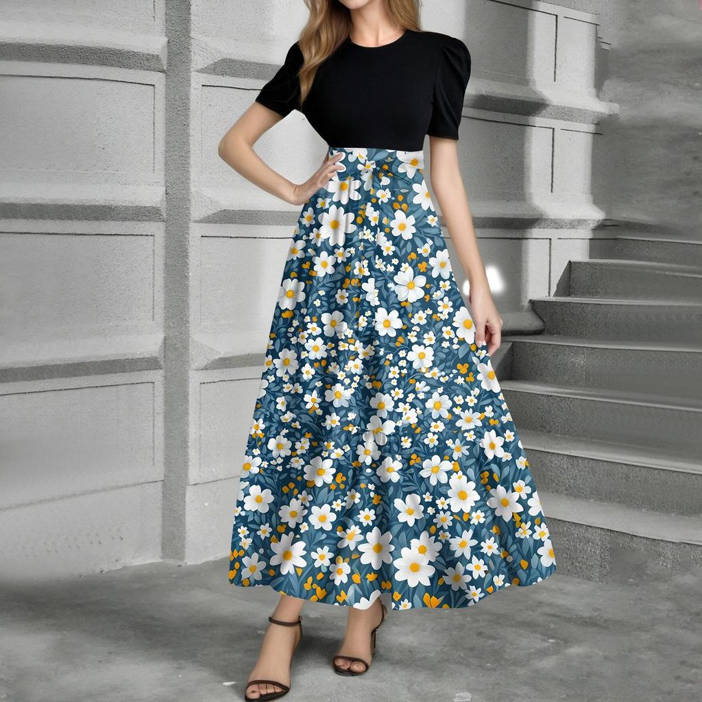 Women's Fashion Casual Belt Short Sleeve Round Neck Print Stitching Elegant Temperament Dress