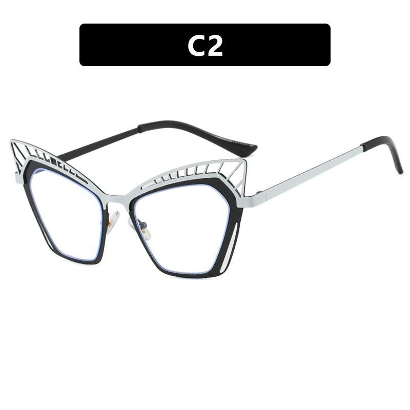 New cat eye hollow color matching flat mirror metal European and American glasses frame fashionable advanced sense anti-blue glasses