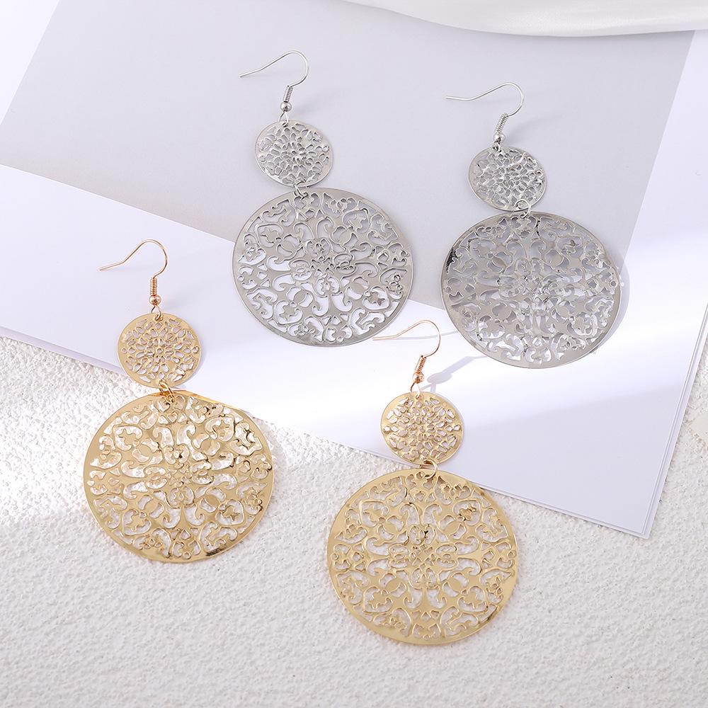 B505 Retro European & American Frosted Hollow Disc Earrings with Ethnic Carved Studs