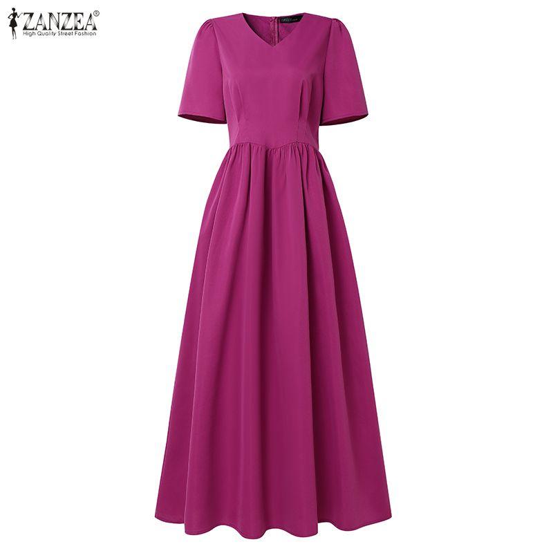 ZANZEA Lässiges Sommerkleid mit V-Ausschnitt und kurzen Ärmeln für Damen