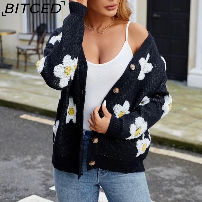 BITCED Damen 3D Floral V-Ausschnitt Strick-Cardigan Herbst/Winter Lässige Strickjacke mit entspannter Passform