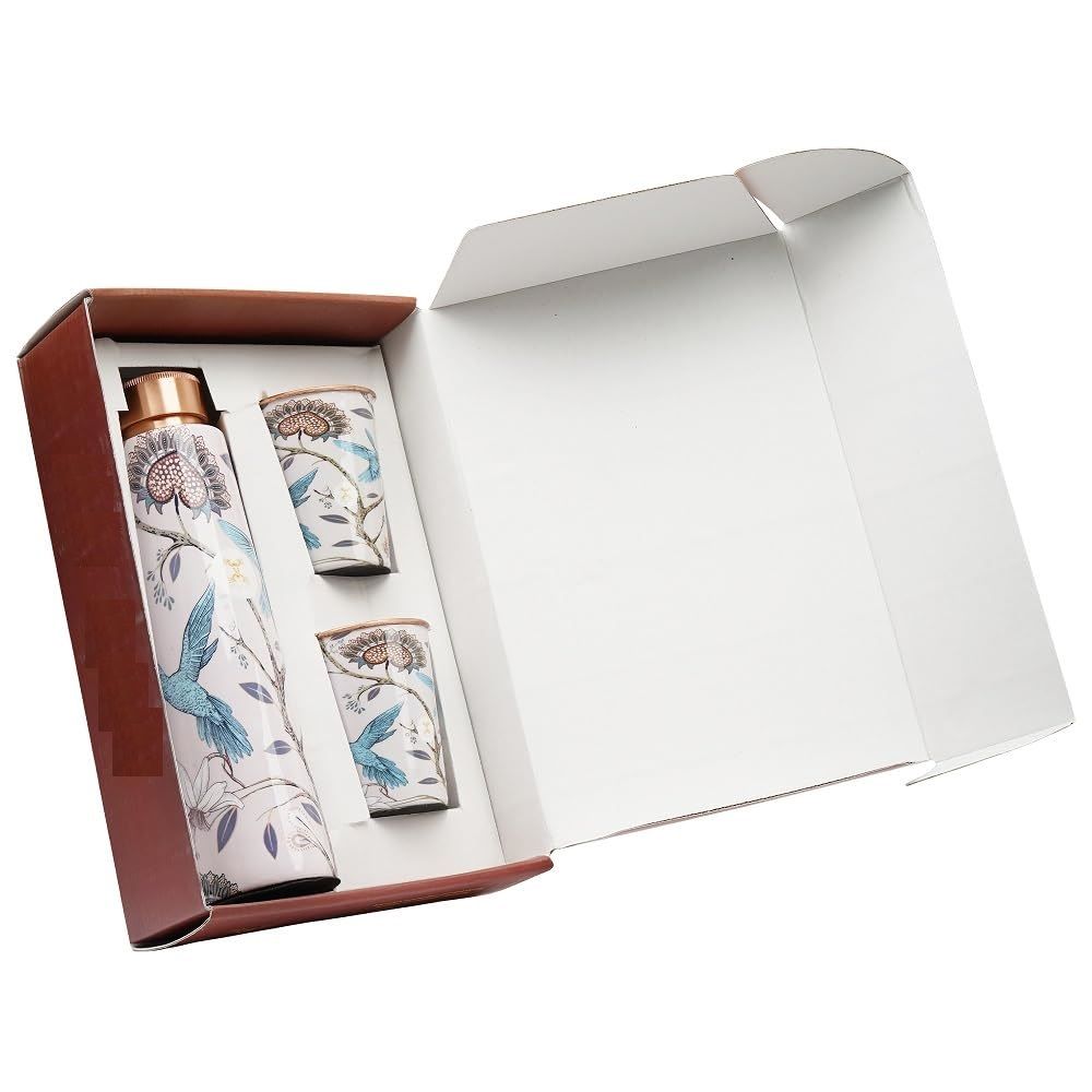 Reine Kupferwasserflasche 900 ml mit Glas-Set Beste Tamba im gedruckten Design (900 ml 2x 300 ml)