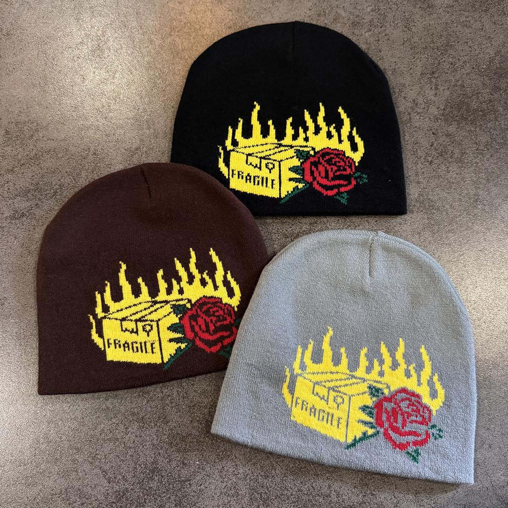 Knit Halloween Party Beanie With Flame Rose Pattern For Winter Outdoor Cycling