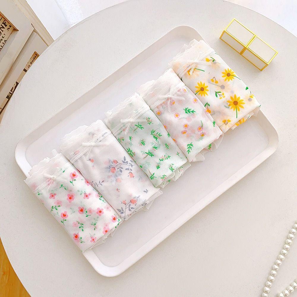 5PCS Mid Waist Transparent Floral Briefs Seamless Underwear for Women Mesh Flower Panties  Gifts