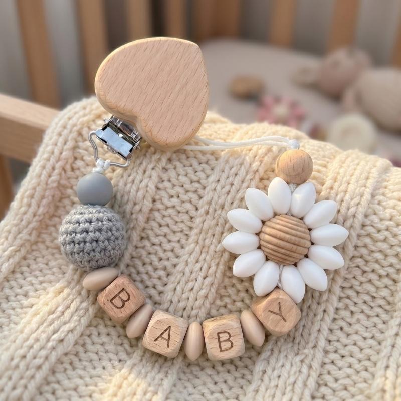 Handmade Personalized Baby Pacifier Clip Custom Name Silicone Teething Beads Holder Beech Wood Soother Chain for Infant Toddler