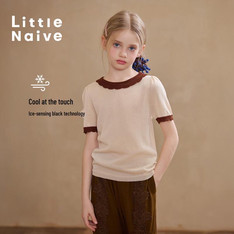 

Little Naive Girl s Lyocell Knit Short Sleeve Cooling T-Shirt with Lace Collar 140